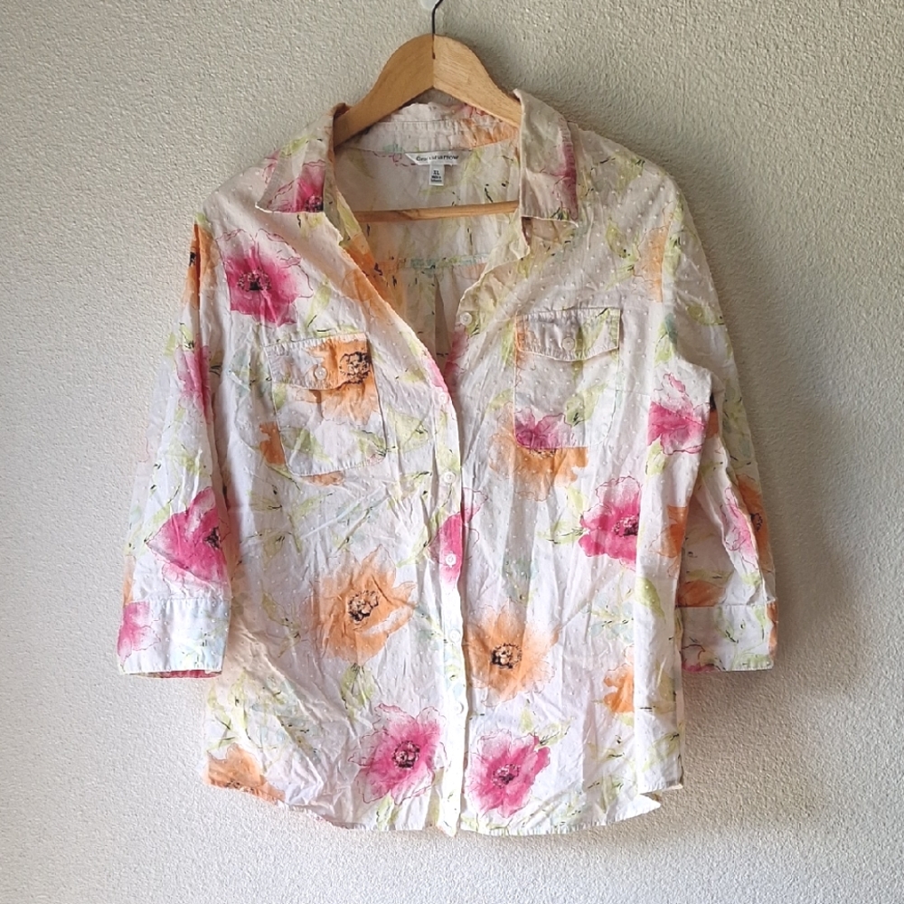 CROFT & BARROW Floral 3/4 Sleeve Button-Down Shirt in White, Pink Green & Orange